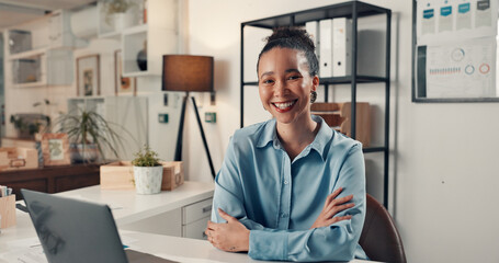 Portrait, smile and woman in office with crossed arms, success and founder of marketing startup....
