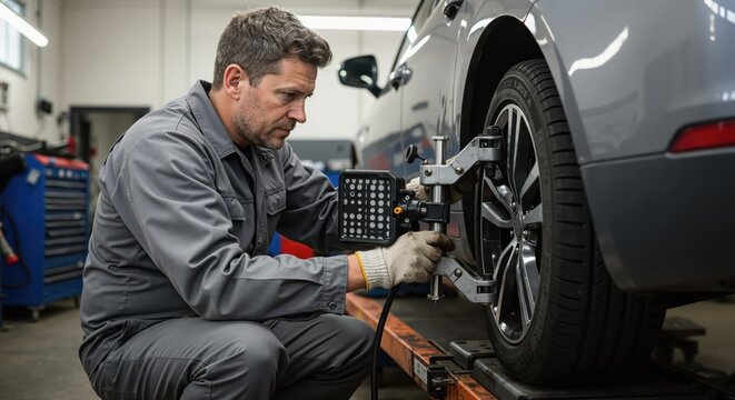 Professional mechanic performing a wheel alignment on a car. Technician using 3D sensor equipment in an auto service garage. Vehicle maintenance and repair.