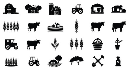 A collection of black and white farm icons depicting agricultural life © MdEmran
