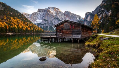 Fototapeta premium Lakeside cabin at autumnal mountain lake