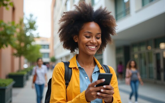 Happy excited young African american woman shopper winner holding cell phone standing at university campus. Latin female student girl feeling joy using mobile app, winning gift, bonus or bet