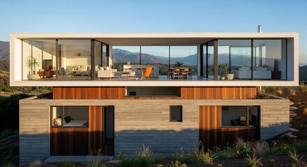Fototapeta premium Multi-level modern home with concrete and glass on a hillside.