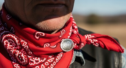 Man Wearing Red Bandana with Silver Concho on Leather Jacket Outdoors