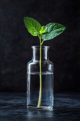 Green plant sprout growing in a transparent glass bottle with water, symbolizing biotechnology, sustainability, and eco-friendly scientific research.