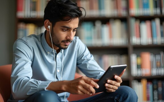 Young indian male student wearing earphones use mobile tablet sitting in library. High quality