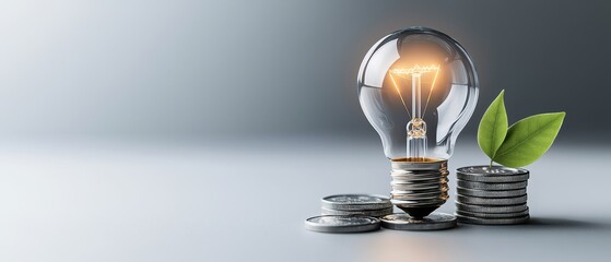 Light bulb placed on stacked coins with small green leaves, representing sustainable finance, eco-investment, renewable energy savings, and the connection between economy and environment.