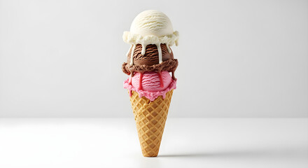 A Tower of Three Ice Cream Scoops, Chocolate, Strawberry, and Vanilla, Stacked in a Waffle Cone, Drizzling with Deliciousness on a Clean White Background