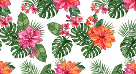 Watercolor Tropical Floral Pattern with Hibiscus Palm Leaves.