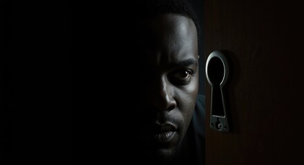 A man's face in the dark looking at a keyhole. Cinematic concept of mystery, suspense, and opportunity. Low-key portrait with copy space.