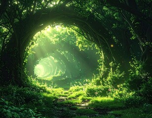 Lush Green Forest Tunnel with Sunlight Streaming Through Canopy in a Serene Outdoor Nature Scene with Vibrant Flora and Natural Light