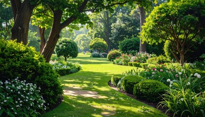 Lush Green Garden Pathway With Sunlight Filtering Through Trees and Flowers Creating a Scenic Outdoor Landscape Under Bright Day Light