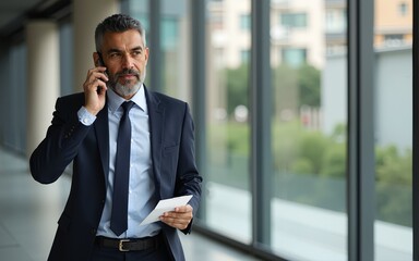 Middle aged Latin or Indian businessman walking, having call on smartphone with business partner and holding documents. Mature Hispanic man talking by mobile cellphone at work in office, vertical