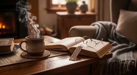 Open Book with Reading Glasses and Steaming Coffee on Wooden Table in Cozy Living Room