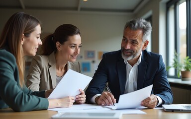 Mature 50s age Latin business man mentoring mid age European business woman discussing project with documents in office. Colleagues, group of partners, professional business people working together.