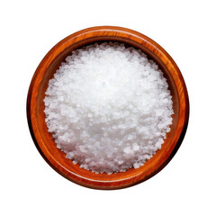 Naklejka na ściany i meble brigth white clean salt in wooden bowl top view isolated on white or transparent.