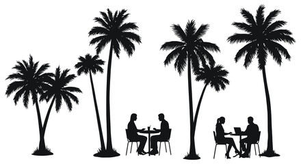 Silhouetted palm trees and couples enjoying a meal outdoors at sunset
