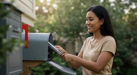 Smiling woman receiving mail from a residential mailbox. Happy person checking for letters outside her suburban home. Daily communication concept.