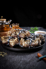 Fresh Yangcheng Lake Hairy Crabs Display with Traditional Tea Service - Chinese Cuisine Delicacy Closeup