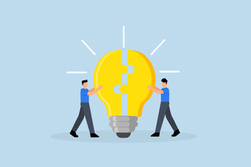 Teamwork, businessman collaborators associate link idea pieces interlock collectively.