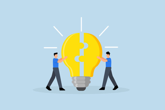 Teamwork, businessman collaborators associate link idea pieces interlock collectively.