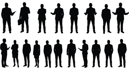 Silhouettes of business people in various poses and formal attire