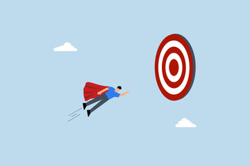 Goal achievement, entrepreneur superhero zooming quickly towards business goal.