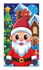 Enchanting festive holiday illustration showing Santa with Christmas tree, snowy landscape, holiday house, winter mittens, poinsettias, and sparkling seasonal decorations