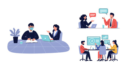 Business professionals engaged in productive workplace meetings and discussions.