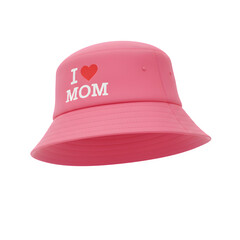 Fototapeta premium Floating bucket hat with I ❤️ MOM text, perfect for fashion, family, and Mother’s Day designs. Isolated on white or transparent background. PNG format.
