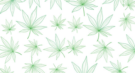 Cannabis leaves pattern on white background, green outline, artistic design.