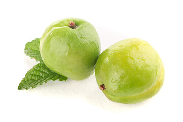 Fresh Green Xinjiang Pears with Mint Leaves on White Background