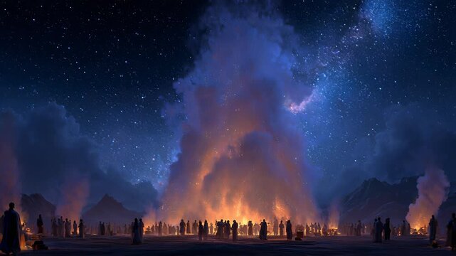 Gathering at Mount Sinai: Biblical Scene with Divine Fire, Stars, and People in Ancient Attire Under a Night Sky