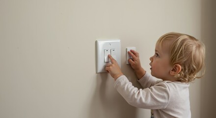 Curious toddler touching a light switch on a wall at home. Child learning about electricity and energy conservation. Copy space for text.