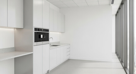 Minimalist white kitchen with built in oven and full height windows 
