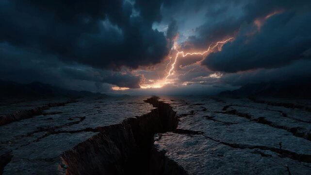 Cracked earth with deep fissures on dry land under dark clouds and lightning storm, dramatic sky with intense thunderstorm creating powerful natural disaster and intense weather scene