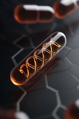 Futuristic capsule with glowing DNA structure inside symbolizes genetic research, biotechnology, and advanced medical innovation in modern healthcare.