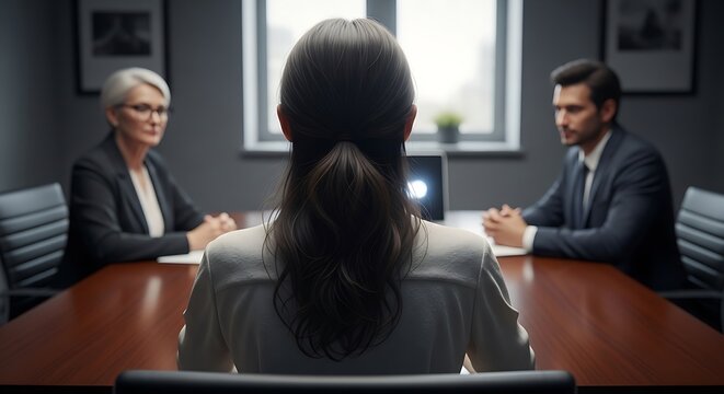 Job Interview Applicant Meeting with Recruiters in Office Setting