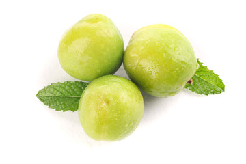 Fresh Green Plums with Mint Leaves Isolated on White Background - Xinjiang Fruit