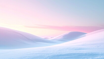 Clean white snowy landscape with soft pastel sky gradient pink and blue, calm and tranquil