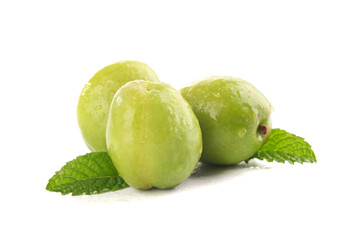 Fresh Green Xinjiang Pears with Mint Leaves on White Background - Organic Fruit Display