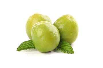 Fresh Green Plums with Mint Leaves on White Background - Healthy Fruit Display