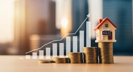 Investment in real estate. Miniature house on growing stack of coin. Property value increase and housing market growth for finance plan.