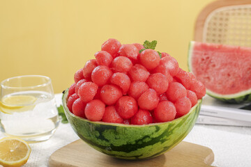Fresh Watermelon Balls in Natural Bowl - Healthy Summer Fruit Dessert
