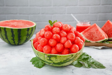 Fresh Watermelon Balls in Natural Bowl with Mint and Juice - Summer Fruit Display