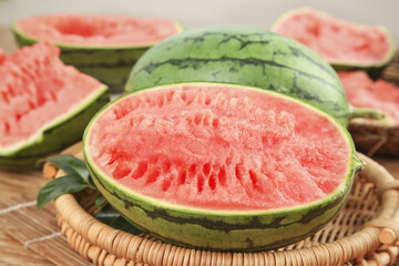 Fresh Cut Watermelon Slices in Wicker Basket - Juicy Summer Fruit