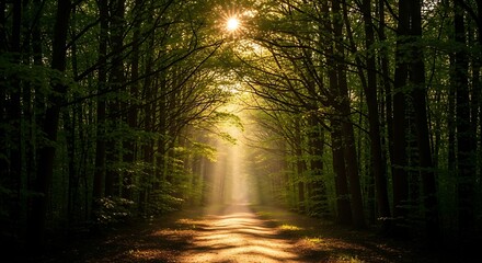 Naklejka premium Sunlit Path Through a Dense Forest.