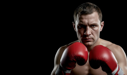 Determined male boxer in his late 20s, with a serious and intense expression. He is wearing boxing gloves and looking directly into the camera.The lighting is harsh and dramatic, creating deep shadows