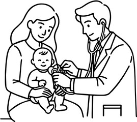 A caring pediatrician conducts a routine wellness examination of an infant with a stethoscope, as the baby is held securely by its mother, emphasizing early childhood health