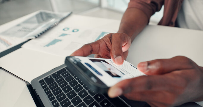Business person, hands and research with phone screen or documents for online review or statistics. Closeup, employee or website with mobile smartphone, graph or chart for analytics or data analysis