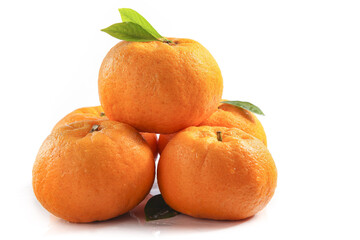 Fresh Orange Tangerines with Green Leaves on White Background